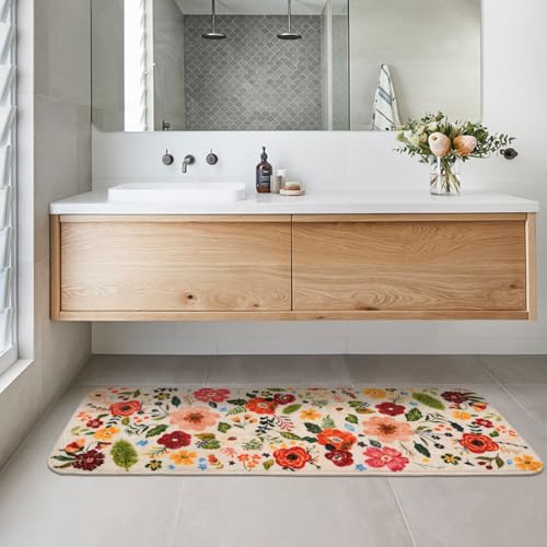 Floral Bathroom Rugs Large Long Bath Mat, Washable Bathroom Runner Rug Non Slip, Cute Flower Rug for Bathtub Floor - color: Floral Beige, size: 1'5" X 3'11" (Rectangular)