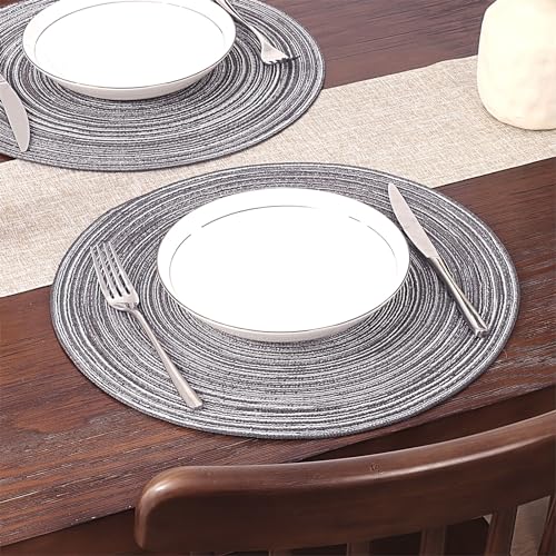 SHACOS Round Braided Placemats Set of 8 Round Table Mats for Dining Tables Non Slip Washable (Black Gray, 8) - color: Black Gray, size: Set of 8