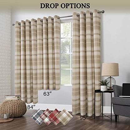 always4u Plaid Curtains for Bedroom Living Room 100% Blackout Thermal Energy Saving Woolen Look Grommet Curtains 95 Inch Length 2 Panels Beige - color: Beige, size: 54"W x 95"L (Pack of 2)
