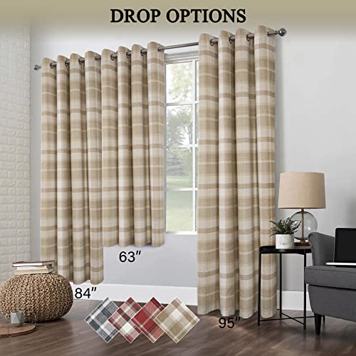 always4u Plaid Curtains for Bedroom Living Room 100% Blackout Thermal Energy Saving Woolen Look Grommet Curtains 63 Inch Length 2 Panels Beige - color: Beige, size: 45"W x 63"L (Pack of 2)