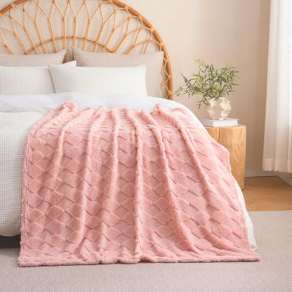 Pink Fleece Throw Blanket for Couch Sofa 50”x60” with Diamond Checkered (Pack of 2) - color: Pink, size: Throw(50"x60") (Pack of 2)