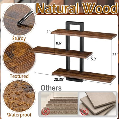2 Pack 23 Inch Wood Floating Shelves for Wall Decor, 3 Tier Rustic Brown and Black Decorative Hanging Storage Display Wall Shelf for Bathroom Living Room Bedroom Kitchen Home Office (2, Rectangular)