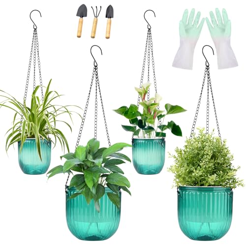 4 Pack Self Watering Hanging Planters with Drainage Holes Green