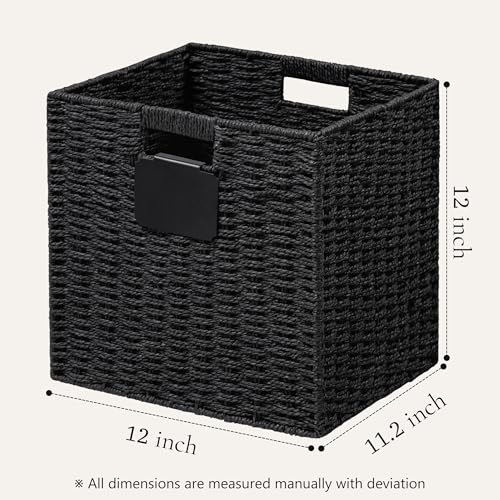 UBBCARE 4 Pack Wicker Basket, 12×12 Storage Cubes with Label, Foldable Cube Storage Bin with Handle, Square Storage Basket for Shelves, Woven Paper Rope Basket for Organizing, Black - color: Black, size: 4pack-12L×12H×11.2W