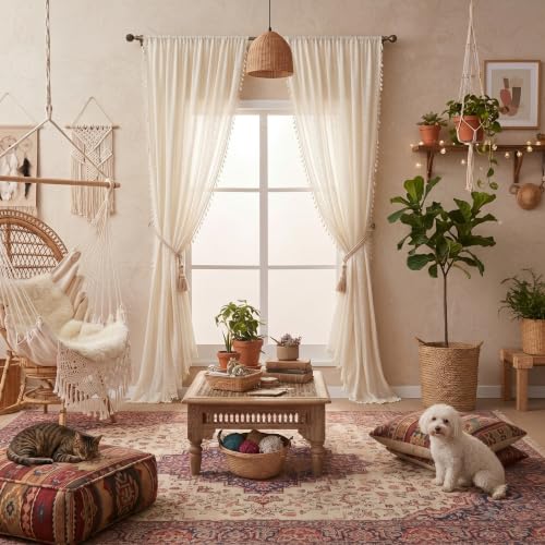 WAZZIO Boho Lace Curtains 84 inch Curtains 2 Panel,Rod Pocket Vintage Bohemian Farmhouse Crochet Cotton Geometry Privacy Sheer Curtain Drapes Farmhouse for Living Room Bedroom,Beige - color: Beige, size: 59"W x 84"L (Pack of 2)
