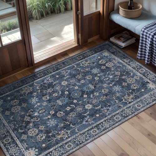 Tangsoo 2x4 Washable Runner Rug for Entryway,Vintage Blue Floral Entry Rug - color: Distressed Blue Black, size: 2' X 4' (Rectangular)