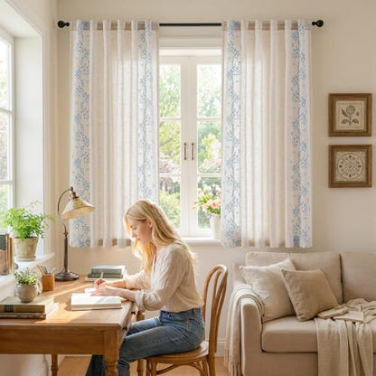 jinchan Floral Linen Curtains, Back Tab 50x63 Inch, 2 Panels Blue - color: Vine | Sky Blue, size: 50"W x 63"L (Pack of 2)