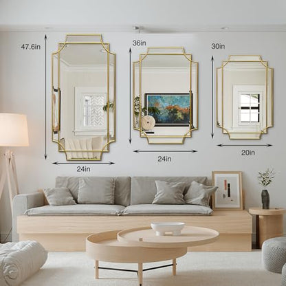 47"x24" Large Gold Rectangle Beveled Mirror with Geometric Frame - color: Gold, size: 47"L x 24"W