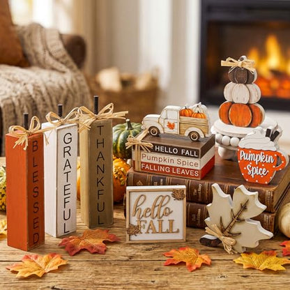 11 Pcs Fall Table Decorations Autumn Pumpkin Wooden Decorative Set Featuring Blessings Gratitude and Appreciation Sign for Thanksgiving Various Occasions Family Dining Kitchens Offices - style: Pumpkins