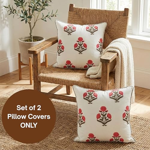 ATOSII Cotton Blockprint Throw Pillow Cover, Poppy, Set of 2, 18 X 18 - color: Poppy, size: 18" x 18" (Pack of 2)