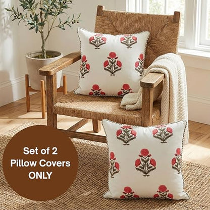ATOSII Cotton Blockprint Throw Pillow Cover, Poppy, Set of 2, 18 X 18 - color: Poppy, size: 18" x 18" (Pack of 2)
