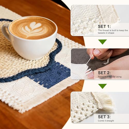 4pc Sunflower Rattan Placemat Set, Woven Boho Table Mats, Blue - color: Blue-set of 4