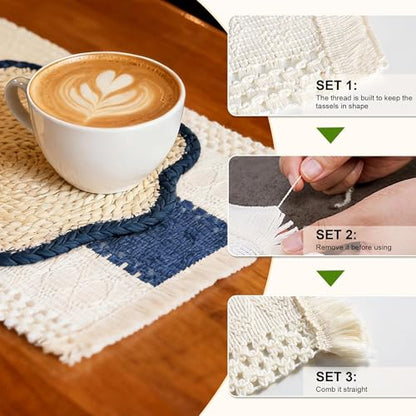4pc Sunflower Rattan Placemat Set, Woven Boho Table Mats, Blue - color: Blue-set of 4