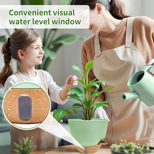 12/10/9/8 inch Self Watering Pots with Visual Water Window, Extra Large Self Watering Plant Pot with Drainage Holes and Saucers, Green Flower Pots for Indoor Plants - color: Green