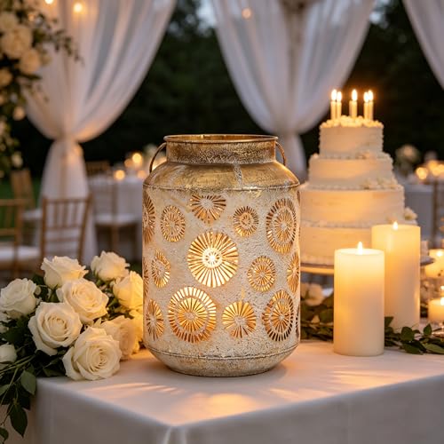 Rustic Metal Hanging Lantern, 8.66" H Vintage Distressed Gold Firework Cutout Decorative Lantern for Indoor Outdoor Use, Tabletop Patio Wedding Centerpiece, Fits Pillar & LED Candles - color: Gold