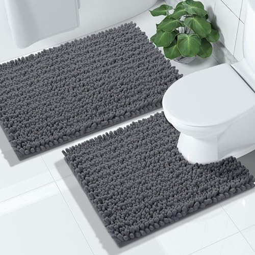 Yimobra Bathroom Rugs Sets 2 Piece, Super Absorbent Bath Mat Set, Dark Grey - color: Dark Grey, size: 24''x17''+24''x20''U-Shaped