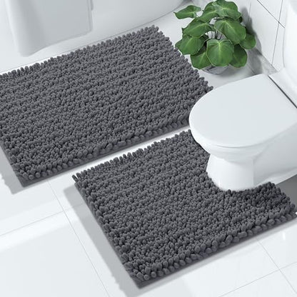 Yimobra Bathroom Rugs Sets 2 Piece, Super Absorbent Bath Mat Set, Dark Grey - color: Dark Grey, size: 24''x17''+24''x20''U-Shaped