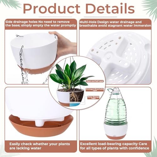 3 Pcs 8'' Hanging Planters for Plants Indoor Outdoor, Plastic Self Watering Pot with Drainage Holes Removable Tray, Hanging Baskets Flower Pot for Home Balcony Terrace Decoration (White)