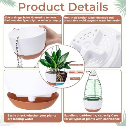3 Pcs 8'' Hanging Planters for Plants Indoor Outdoor, Plastic Self Watering Pot with Drainage Holes Removable Tray, Hanging Baskets Flower Pot for Home Balcony Terrace Decoration (White)