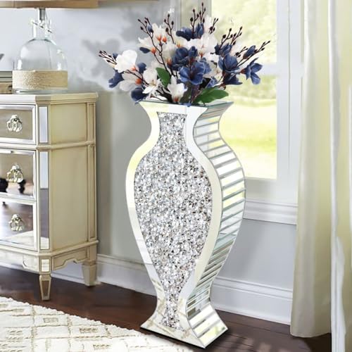 Tall Floor Vase S Crushed Diamond Mirrored Vase 27” Tall for Large Flower - color: Shpld Diamond Silver