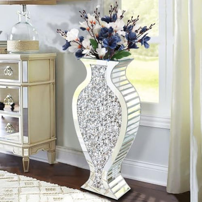 Tall Floor Vase S Crushed Diamond Mirrored Vase 27” Tall for Large Flower - color: Shpld Diamond Silver