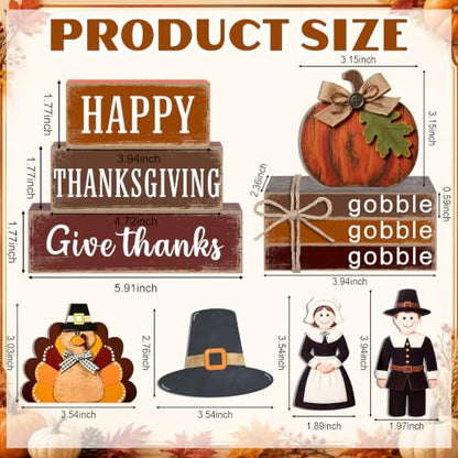 11 Pcs Fall Thanksgiving Table Decoration Farmhouse Tiered Tray Decor Wooden Turkey Pilgrim Couple Table Signs for Autumn Thanksgiving Harvest Party Home Kitchen Shelf - style: Thanksgiving