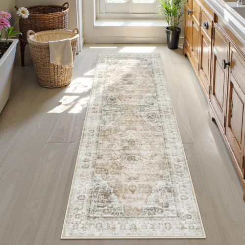 Uphome Bathroom Runner Rug, Distressed Tribal Farmhouse Light Khaki Bathroom Mat, Large Bathroom Rugs Non Slip Washable, Oriental Retro Boho Bath Mat Runner for Bathtub Sink Hallway, 24x71 inch - color: Light Khaki, size: 24 x 71 inch (Rectangular)