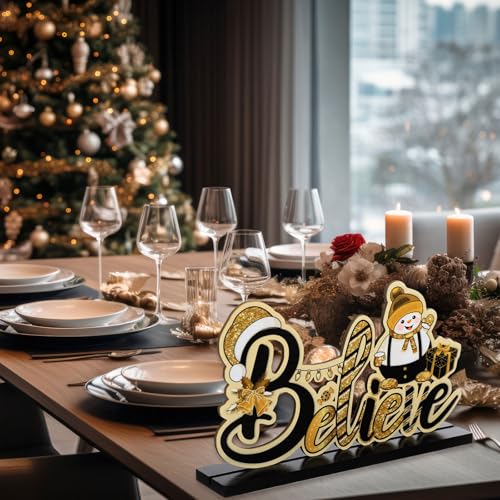 Blulu 3 Pcs Gold Christmas Wooden Signs Tabletop Farmhouse Centerpieces - color: Gold