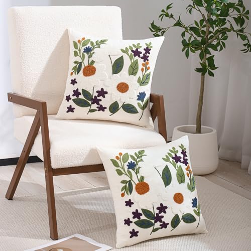 Embroidered Throw Pillow Covers 18x18 Pack of 2 Green Leaves Daisy - color: White Daisy