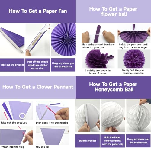 24 Pcs Purple Birthday Decorations Kit, Paper Fans Pom Poms Banner 8-16 in - color: Purple, Lavender, White
