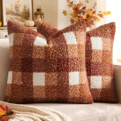 MIULEE Fall Plaid Pillow Covers Boucle Rust 16x16 Set of 2 - color: Rust, size: 16" x 16" (Pack of 2)