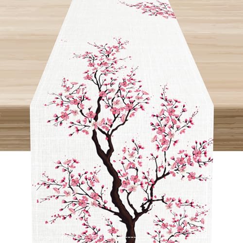 Cherry Blossom Table Runner, Japanese Pink Floral Asian Oriental Eastern Floral Seasonal Print Dining Table Center Decor for Family Kitchen Table Decorations Indoor Outdoor 13x36 inch - color: Cherry Blossom-5, size: 13x36" Table Runner
