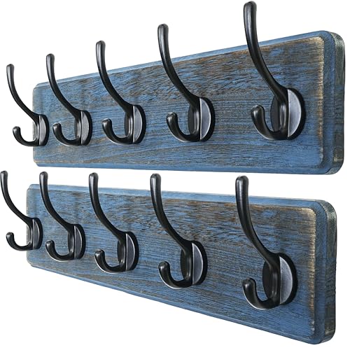 Dseap Coat Rack Wall: Patented, Heavy-Duty, 5-Double-Hooks Wooden Wall Mounted Coat Rack Coat Hanger Hook Rail for Winter Coats Hat Jacket Clothing, Weathered Blue, Pack of 2 - color: Weathered Blue & Black, size: L=17.4" (2pcs)