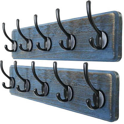 Dseap Coat Rack Wall: Patented, Heavy-Duty, 5-Double-Hooks Wooden Wall Mounted Coat Rack Coat Hanger Hook Rail for Winter Coats Hat Jacket Clothing, Weathered Blue, Pack of 2 - color: Weathered Blue & Black, size: L=17.4" (2pcs)