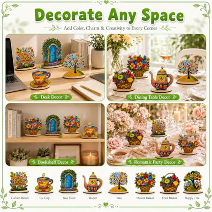 16 Pcs Wooden Table Centerpieces, Tea Party Table Decoration, Flower Teapot Teacup Ornaments for Tiered Tray Birthday Party Baby Shower Wonderland Decoration