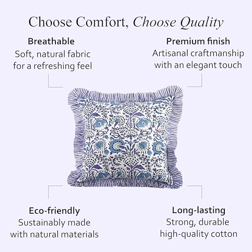 CPC Indigo Blue Block Print Ruffle Pillow Cover 18x18 Inch, Pack of 2 - color: Indigo Blue, size: 18" x 18" (Pack of 2)