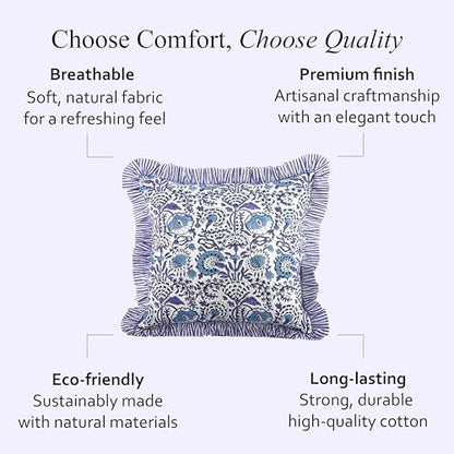 CPC Indigo Blue Block Print Ruffle Pillow Cover 18x18 Inch, Pack of 2 - color: Indigo Blue, size: 18" x 18" (Pack of 2)