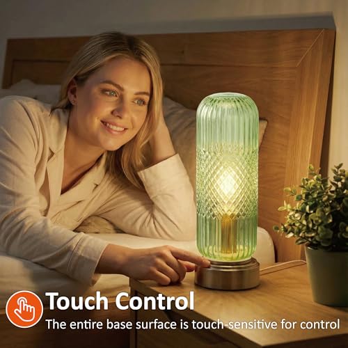 Buruis 11.6" Touch Dimmable Table Lamp with Ribbed Glass Shade, Light Green - color: Light Green