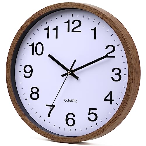 Wall Clock 12 Inch Wooden Frame Glass Cover Non-Ticking Number Quartz Modern Quartz Design Decorative Bedroom Kitchen Office Classroom Dark Brown - color: Dark Brown