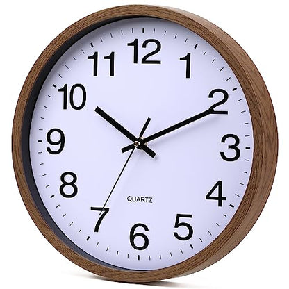 Wall Clock 12 Inch Wooden Frame Glass Cover Non-Ticking Number Quartz Modern Quartz Design Decorative Bedroom Kitchen Office Classroom Dark Brown - color: Dark Brown