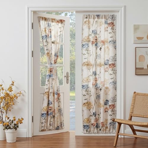 MYSKY HOME Floral Linen French Door Curtains 72 inch Long 2 Panels for Front Door - Light Filtering Privacy Semi Sheer Window Curtains with Rod Pocket, Yellow, 24" W x 72" L - color: A-yellow, size: 24"W x 72"L (Pack of 2)