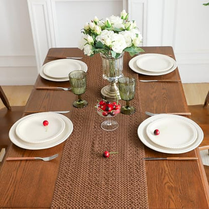 Simple&Opulence Boho Macrame 100% Cotton Table Runner - 12 x 90 Inch, Woven Farmhouse Table Runner with Fringed Edges for Bohemian Rustic Wedding, Bridal Shower, Dinner （Brown） - size: 12"x90", style: Cotton / Brown