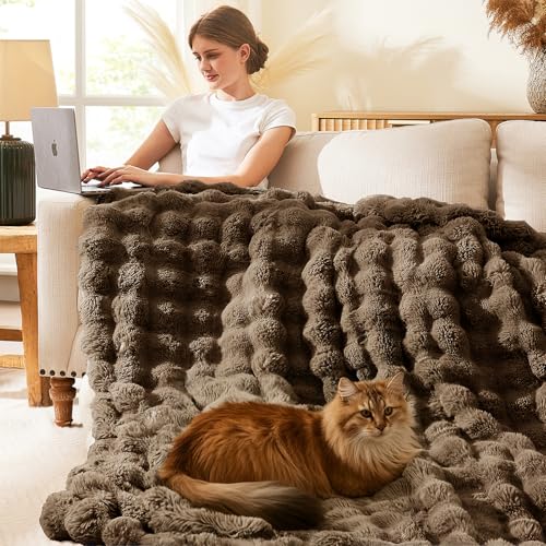 L'AGRATY Faux Rabbit Fur Throw Blanket for Couch, 90'' x 108'', Cocoa Brown - color: Cocoa Brown, size: 90" x 108"