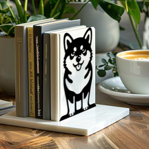 Peacoblue 5.3"x4.3"x7.9" Metal Bookends, Heavy Duty Book Ends for Shelves - style: Cute Shiba Inu