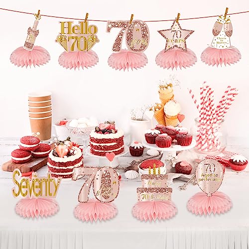 Turypaty Happy 70th Birthday Honeycomb Table Centerpieces Decorations Women - style: Pink Rose Gold 70th