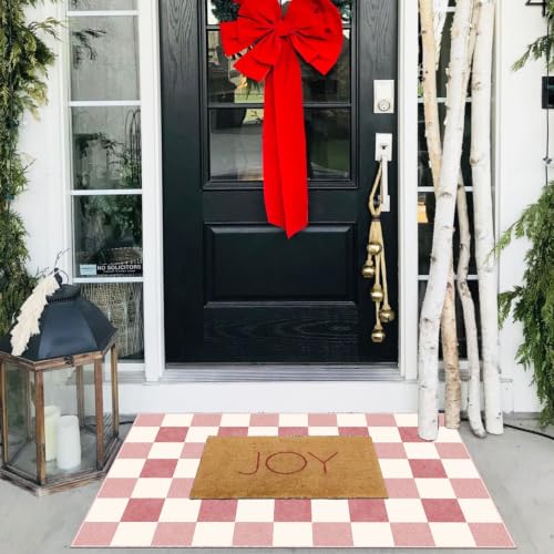 Front Door Mat Outside Entrance - 2x3 Cute Pink White Checkered Rug - color: Checkered - Pink / White, size: 2' x 3' (Rectangular)