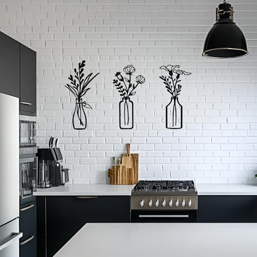 Embewhis Wall Decor Metal Flowers 3pcs, Rustic Farmhouse Flower Sculptures, 13.7" Wall Art Decor, Drill-Free Install Option for Living Room, Kitchen, Bedroom & Bathroom (M) - size: M