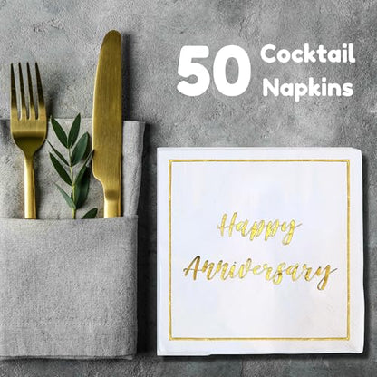 Happy Anniversary Decorations, 50 Pack, Gold Foil Cocktail Napkins, Wedding Dating Anniversaries Decorations Decor Supplies, Beverage Napkin