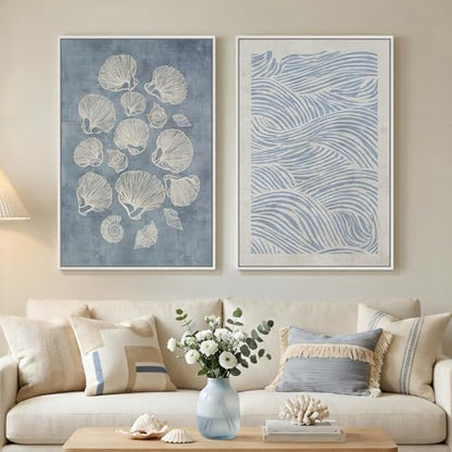 Large Framed Abstract Coastal Blue White Wall Art for Living Room, 24x36 In - color: Blue White, size: 24" W x 36" H x 2Pcs