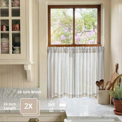 jinchan Linen Striped Tier Curtains for Kitchen Windows Farmhouse - color: Striped Blue | on Beige, size: 26"W x 24"L (Pack of 2)